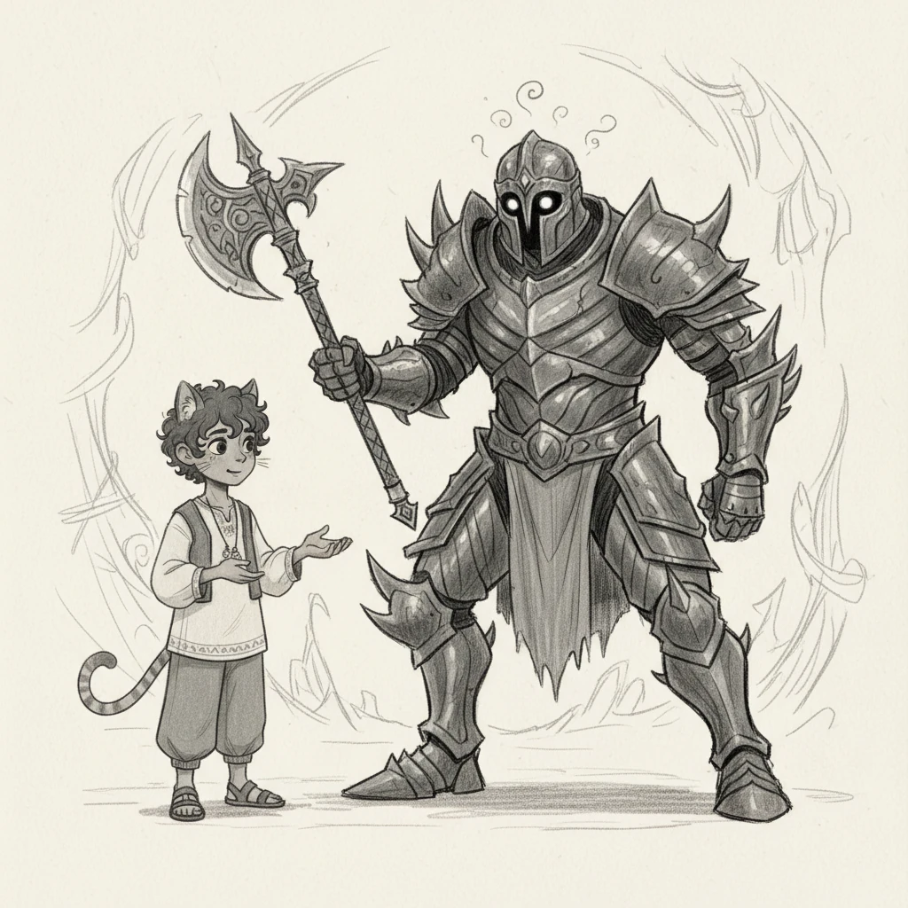 Un teniente de Sombra Negra lo confrontó, preparado para la batalla. Pero Niñogato, en lugar de luchar, empleó la Mayéutica socrática, preguntando con calma: '¿Por qué luchas? ¿Es el caos útil para ti? Si destruyes todo, ¿dónde dormirás la siesta?'. El teniente, enredado en sus propias contradicciones, se quedó profundamente dormido, su confusión palpable en el trazo de su rostro.