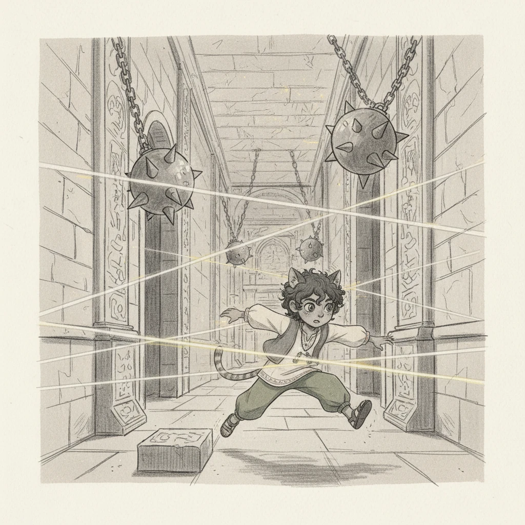 Niñogato se encontró en un pasillo lleno de trampas láser y péndulos oscilantes, un desafío de precisión y anticipación. Combinó la Optimización de Leibniz para calcular la ruta perfecta con la Voluntad de Schopenhauer para prever el movimiento de las trampas. Se movió como un rayo de luz gris y amarillo, una ráfaga de líneas que denotaban velocidad y gracia al esquivar cada peligro.