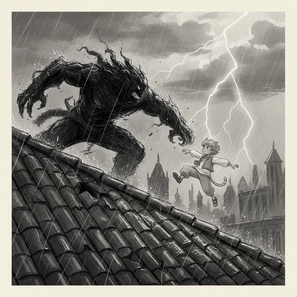 El enfrentamiento final tuvo lugar en el tejado más alto de la ciudad, bajo una lluvia torrencial y el estruendo de los truenos. Sombra Negra, una figura masiva y oscura, atacaba con furia ciega, sus movimientos marcados por trazos agresivos y sombras densas. Niñogato, más pequeño pero sereno, esquivaba cada embate, su forma ágil una mancha pálida en la oscuridad.