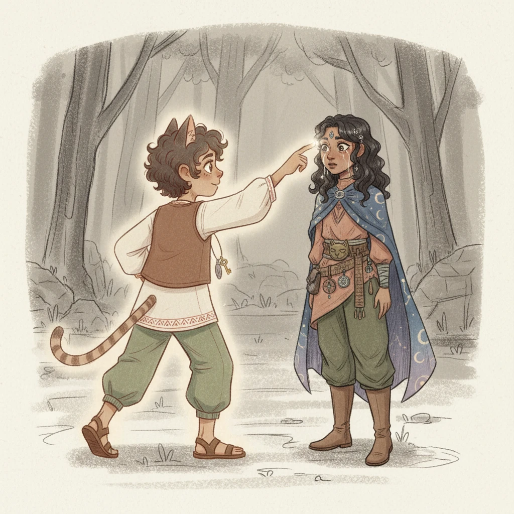 Niñogato esquivaba sin atacar, moviéndose con una danza de evasión, hasta que activó todos los amuletos a la vez, creando un aura suave a su alrededor. No golpeó a Sombra Negra, sino que tocó suavemente su frente, irradiando una luz tenue. 'El caos es solo falta de entendimiento, Sombra. Incluso en la oscuridad, buscamos la luz', susurró. Las líneas finas de las lágrimas de Sombra Negra revelaron una vulnerabilidad inesperada.