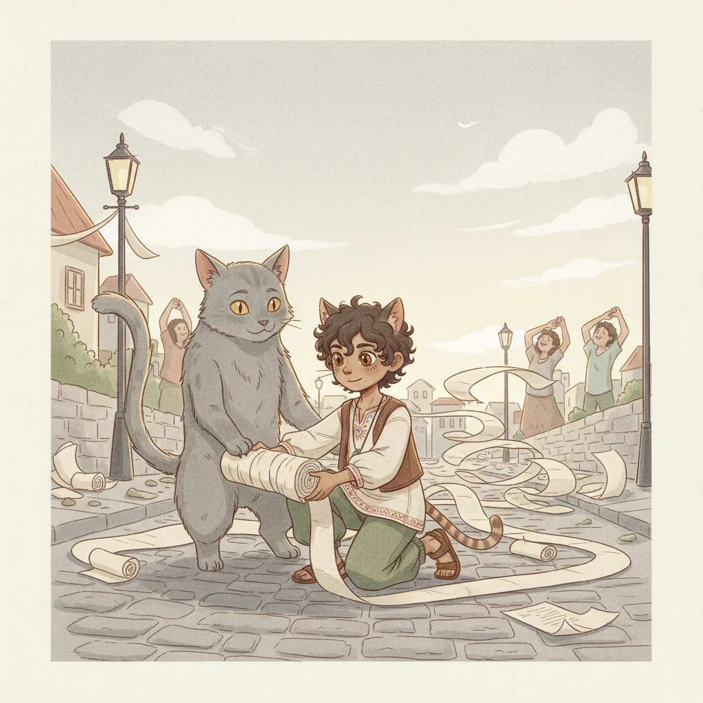 El amanecer pintó el cielo con tonos suaves de gris y blanco, y Sombra Negra, ahora más calmado y quizás llamado Sombra Gris, ayudaba a Niñogato a enrollar el papel higiénico de la ciudad. Juntos, restauraban el orden. Los humanos despertaron felices, ajenos a la batalla filosófica, mientras la luz del sol comenzaba a disipar las últimas sombras.