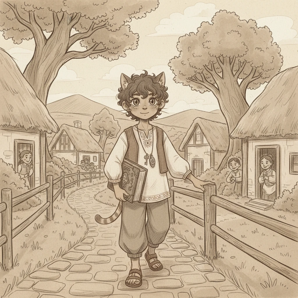 Niñogato regresó a su aldea, ya no llevando una espada desenvainada, sino un libro bajo el brazo, símbolo de su nueva sabiduría. Caminaba con una confianza tranquila, su figura pequeña pero imponente. 'La verdadera garra del guerrero está en su corazón y en su mente', resonaba la frase final, dibujando un cierre sereno y reflexivo a su heroico viaje.