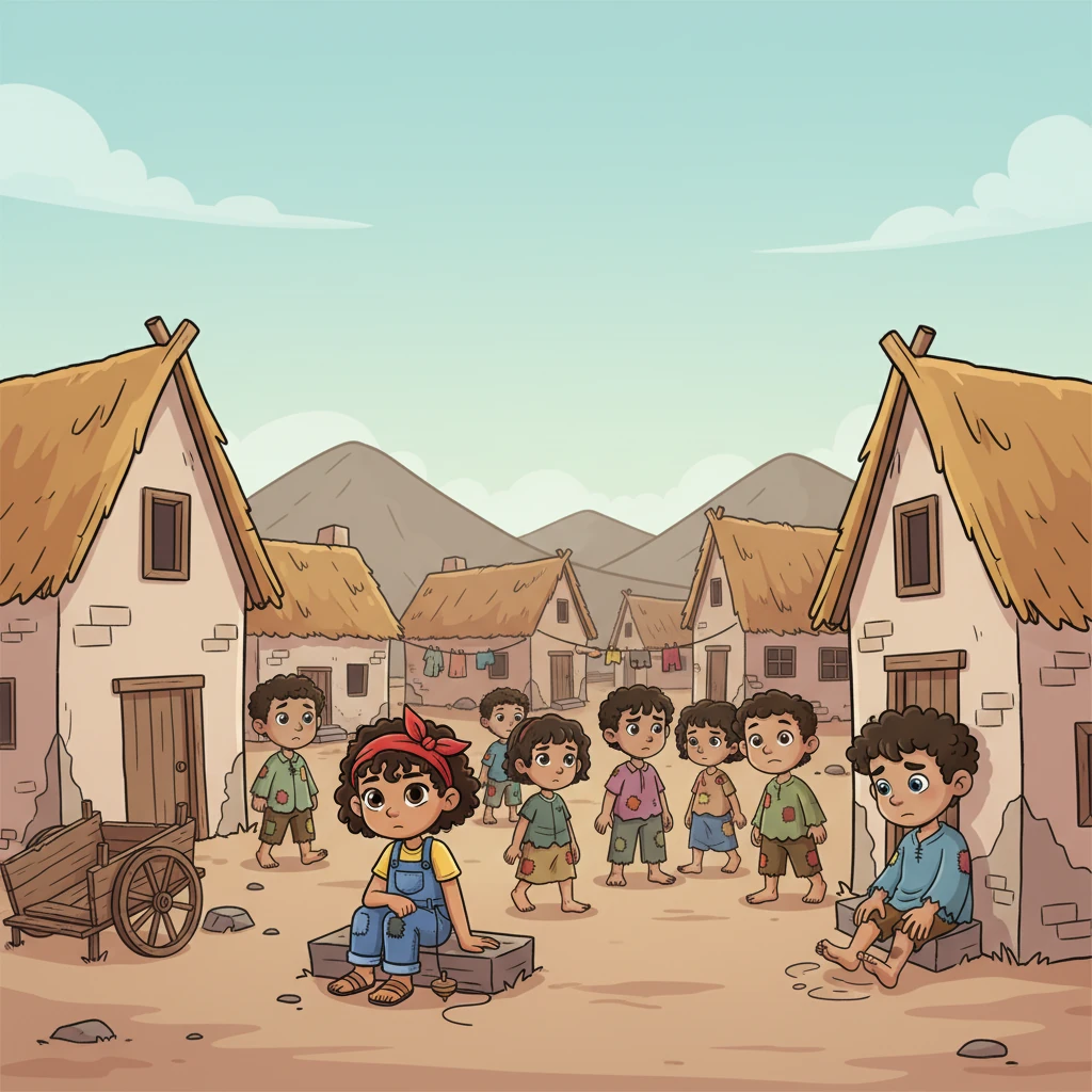 A small village lay nestled between dusty hills, its houses simple and worn. Children, with patches on their clothes and bare feet, wandered aimlessly, their laughter quieted by the absence of play and purpose. The narrator's voice echoed softly: "In this village, there was no school, no books… only poverty and silence."