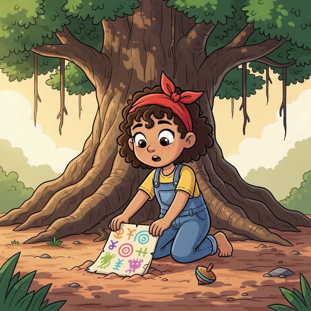 One sunny afternoon, while exploring near the old banyan tree, Lila's gaze fell upon something extraordinary. Half-buried in the dust was a single, tattered page, its edges frayed, adorned with mysterious symbols and a colorful drawing. It was a page from a book, a treasure she had never seen before.