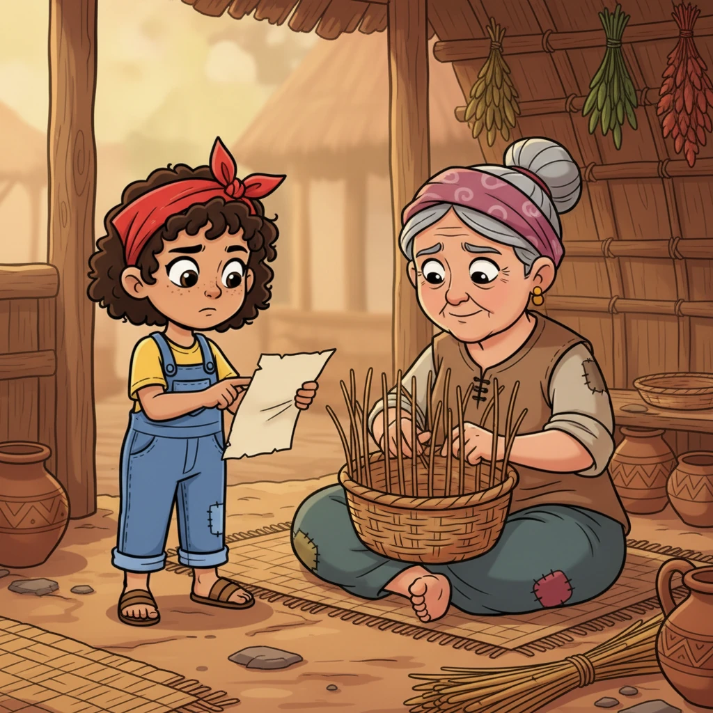 Lila carefully picked up the page, her brow furrowed in concentration as she traced the unfamiliar letters with her finger. She showed it to an old woman weaving a basket, but the woman just smiled sadly, shaking her head gently, too busy with her work to understand Lila's curiosity.