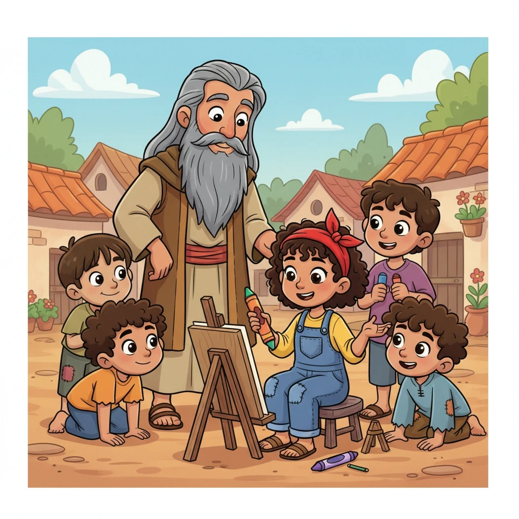 One day, a kind-faced traveler named Rohan, with a long, flowing beard and a gentle smile, arrived in the village. He noticed Lila, surrounded by eager children, drawing and talking with such passion. He paused, intrigued by the vibrant spark in her eyes amidst the quiet village.