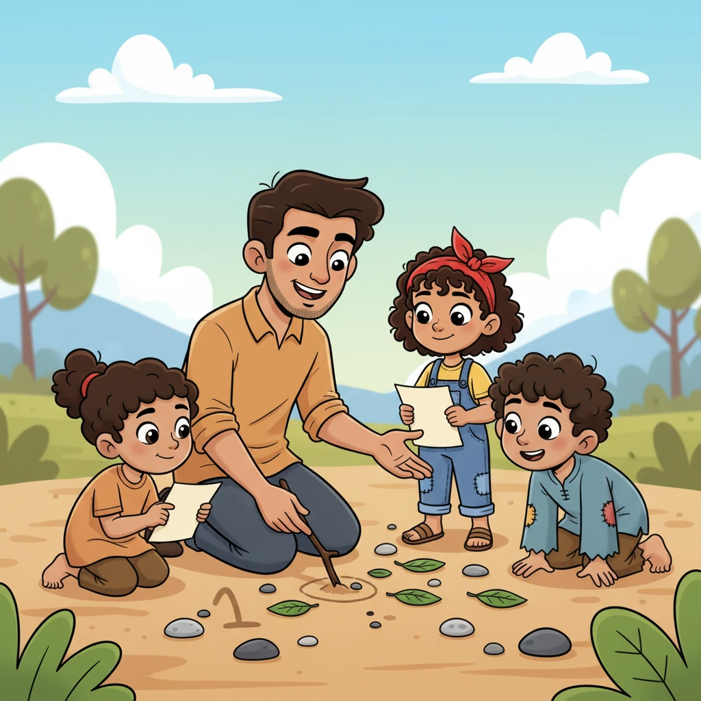 Rohan approached Lila and the children, his voice warm and friendly. He saw her tattered book page and offered to teach them what the symbols meant. Using pebbles for numbers and leaves for letters, he began to sketch shapes in the dirt, making learning feel like a fun game.