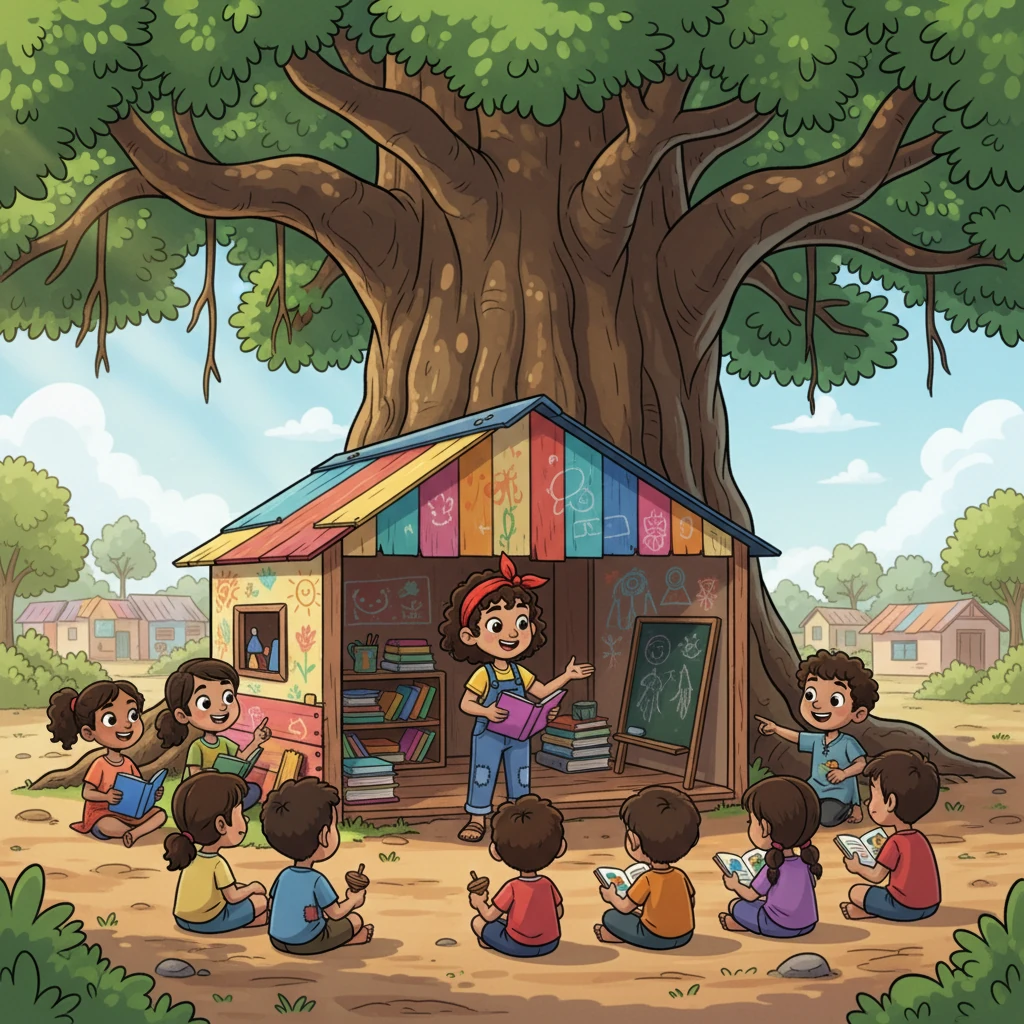 Eventually, with everyone's help, a small, colorful shelter was built near the banyan tree, adorned with cheerful drawings. It wasn't fancy, but it was their school, filled with books Rohan had brought and the sound of children learning and laughing. Lila, now older, proudly helped Rohan teach the youngest ones, a bright beacon of hope for the entire village.