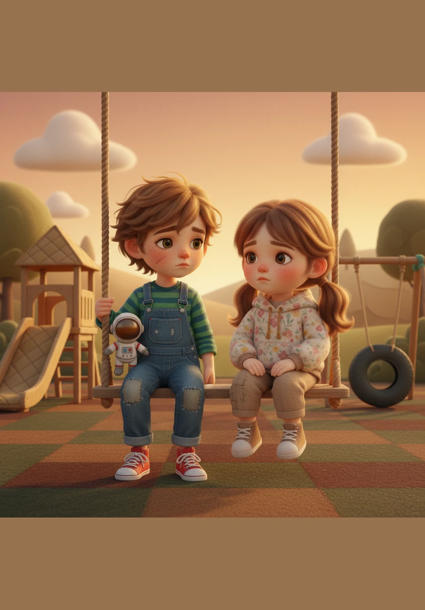 The golden light of sunset bathes the neighborhood playground, but the swings sit still and empty. Leo and Mia look at Prisha’s favorite seat, feeling a deep sense of longing in the quiet evening air.