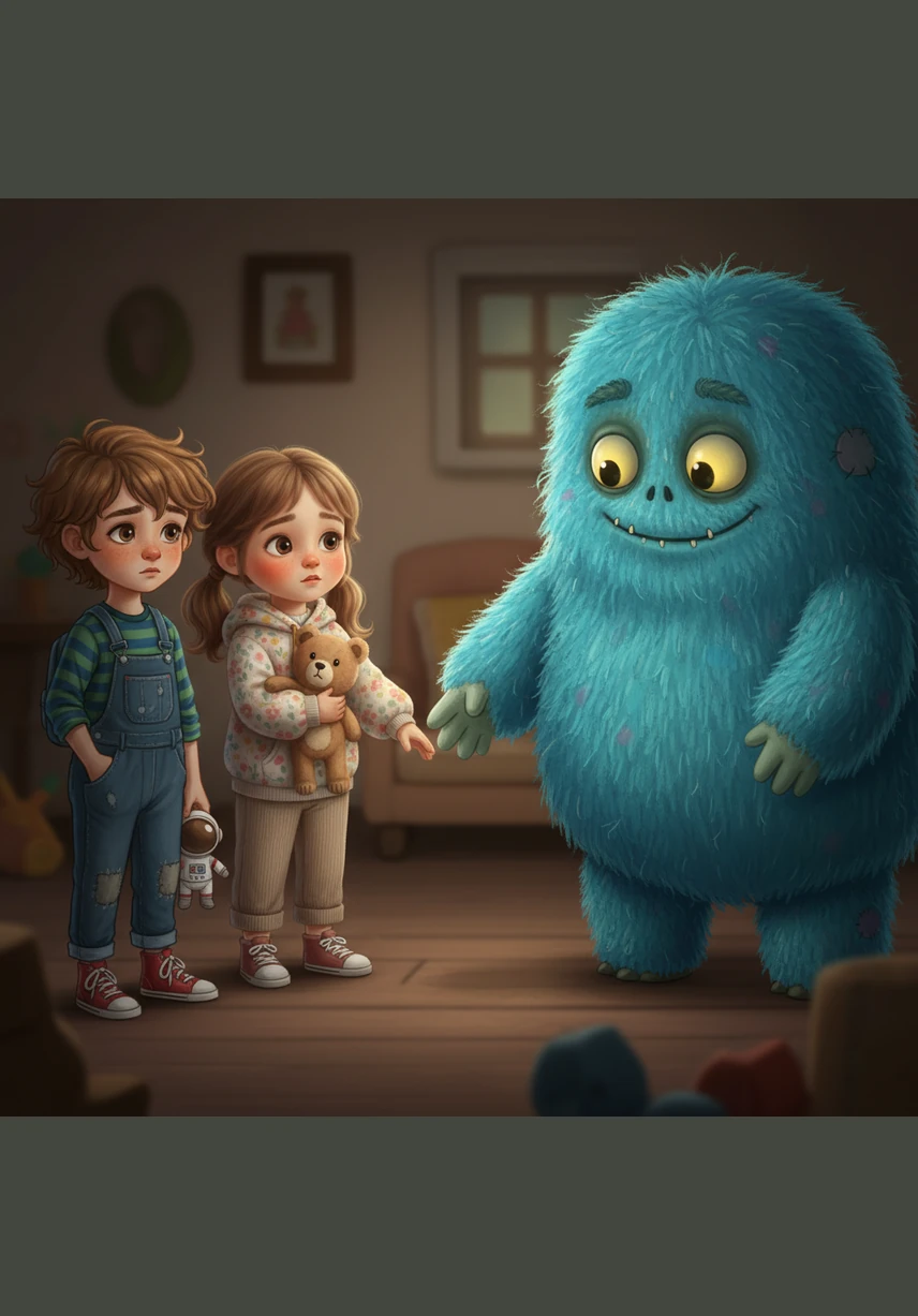 Zeke, a soft-featured zombie with kind eyes, and Barnaby, a giant ball of blue fluff, step out from the shadows to comfort the children. Together, the four friends vow to find Prisha, no matter how far they have to travel.