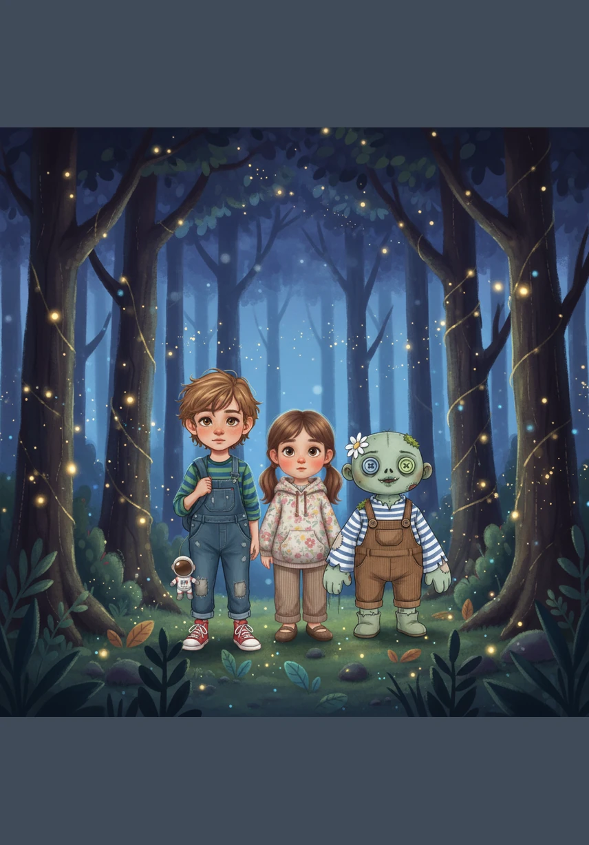 Their journey begins at the edge of a magical forest where the trees pulse with a gentle, rhythmic light. The air smells of pine and stardust as they take their first steps into the unknown.