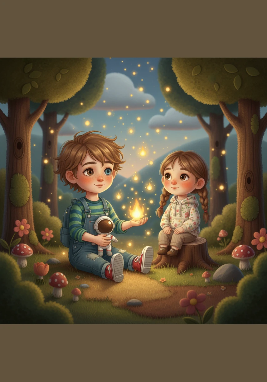 Swarms of golden fireflies descend from the canopy, acting as tiny lanterns to guide their path. Barnaby wraps his soft, warm fur around Leo and Mia, ensuring they feel safe in the heart of the woods.