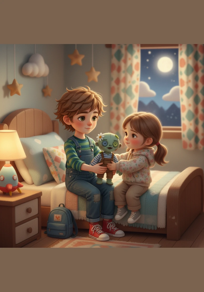 They come across a charming, ivy-covered house that looks like it belongs in a storybook, with smoke curling playfully from the chimney. Despite its spooky reputation, the house feels warm and inviting, glowing with a soft interior light.