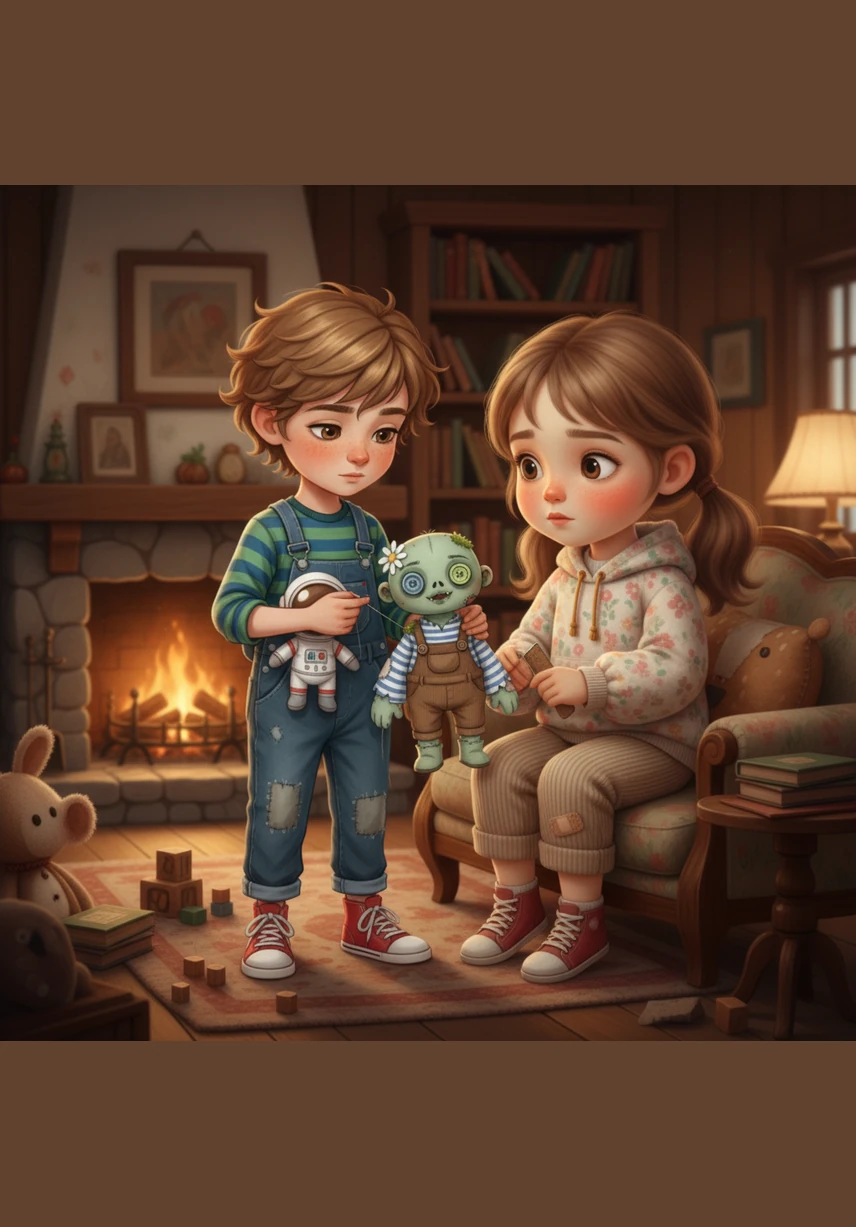 Inside the cozy parlor, they find a trail of colorful petals and a small drawing Prisha left behind. The friendly zombie Zeke points toward a hidden door that leads to a secret, sun-drenched path.