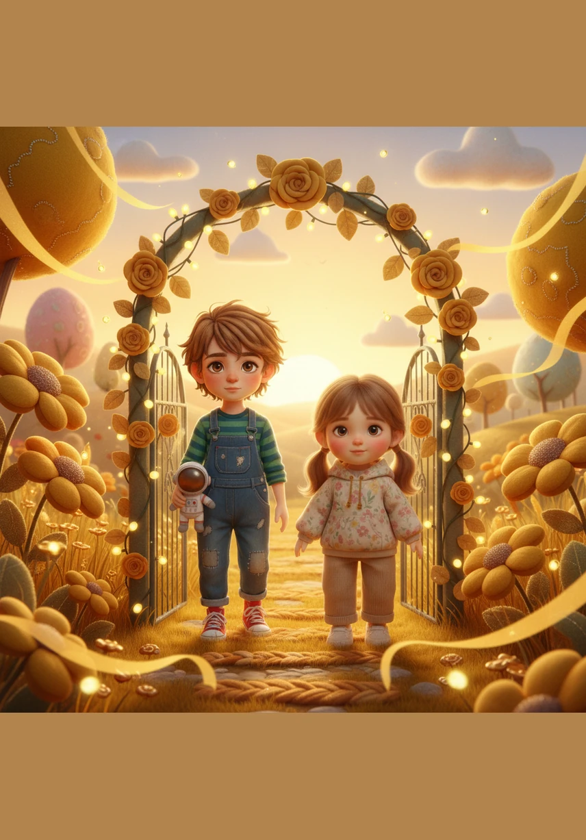 The group emerges into a breathtaking golden garden filled with giant, translucent flowers and iridescent butterflies. Every step they take on the soft grass creates a ripple of light that spreads across the meadow.