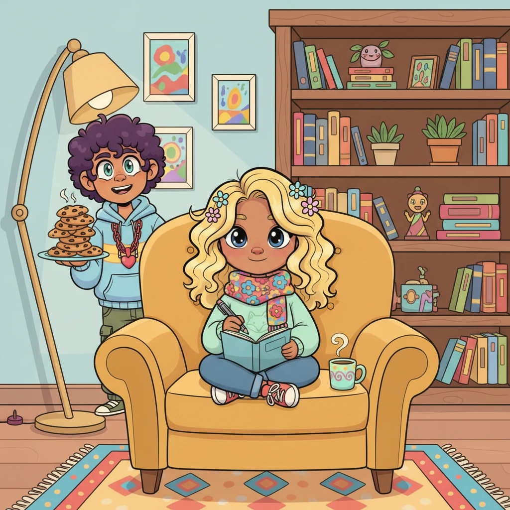 Adeline, a whimsical writer with a bright floral scarf, sits cross-legged on a plush armchair, sketching ideas in a notebook. Zade, with a playful grin, peeks over her shoulder, a stack of freshly baked cookies in his hand, ready to share a sweet moment. Their cozy living room is filled with quirky art and an overflowing bookshelf, reflecting their creative and loving life together.