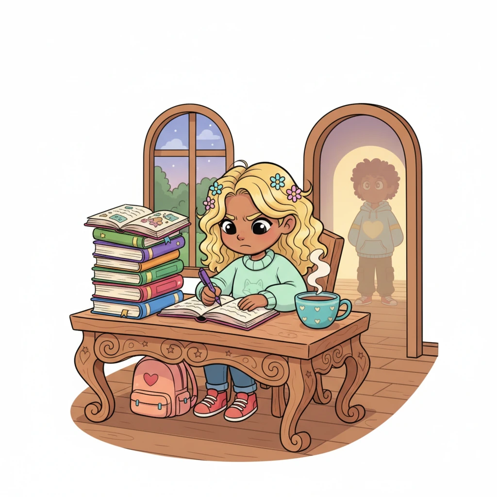 Adeline is deeply engrossed in her writing at a whimsical desk, surrounded by stacks of colorful books and a steaming cup of tea. Zade watches her from the doorway, his silhouette framed by the gentle light, a soft, adoring smile on his face, cherishing the quiet dedication of his beloved. His heart swells with pride for her creative spirit.