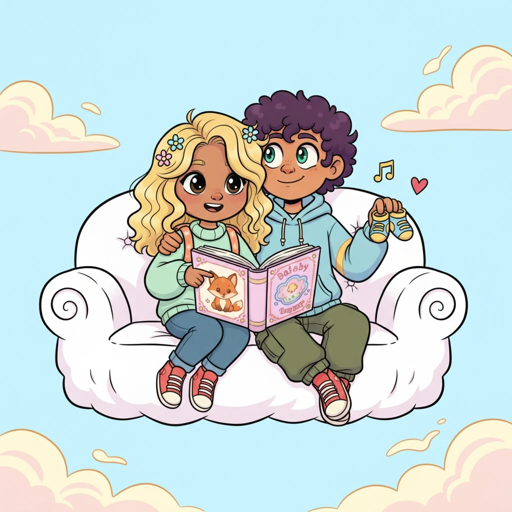 The couple sits together on a fluffy cloud-like sofa, poring over a whimsical baby book, their faces alight with dreams and excitement. Adeline points to a cute illustration of a baby animal, while Zade wraps an arm around her, imagining tiny shoes and lullabies, their future painted in bright, hopeful hues.