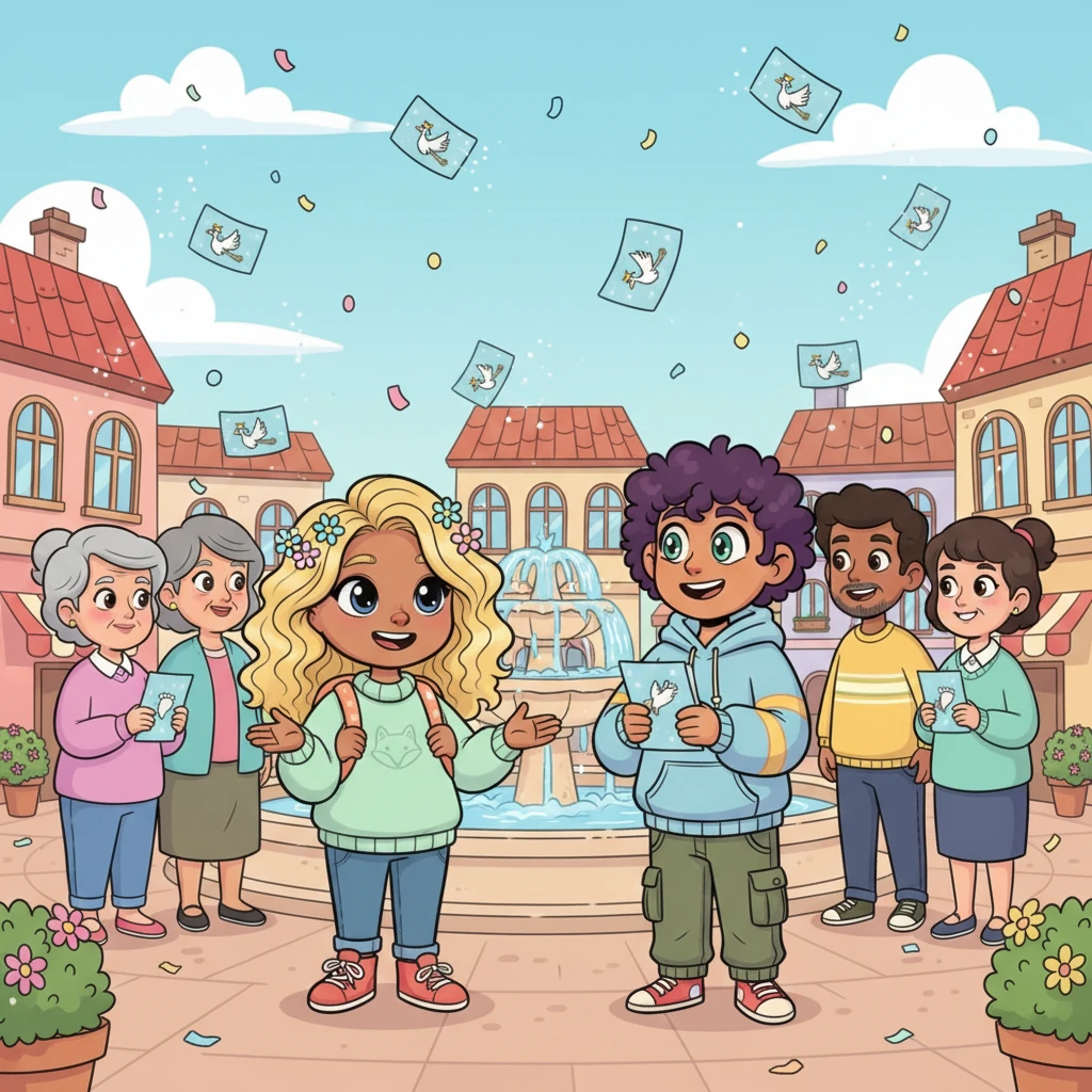 Sparkling invitations, adorned with tiny baby footprints and whimsical storks, flutter through the air, landing softly in the hands of their overjoyed friends and family. Each card promises a day of joy and celebration, announcing the upcoming baby shower for Adeline and Zade. The town square is abuzz with excitement for the happy news.