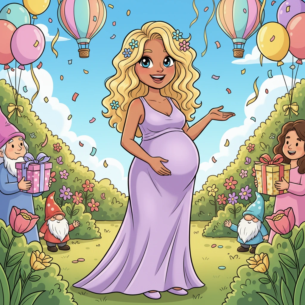 The baby shower is a vibrant spectacle of balloons, ribbons, and laughter, held in a sun-drenched garden. Adeline, seven months pregnant and absolutely radiant in a flowing, sleeveless satin-like dress of soft lavender, beams as she greets her guests, her belly a beautiful testament to the new life within her. Playful garden gnomes peek from behind pastel flower arrangements.