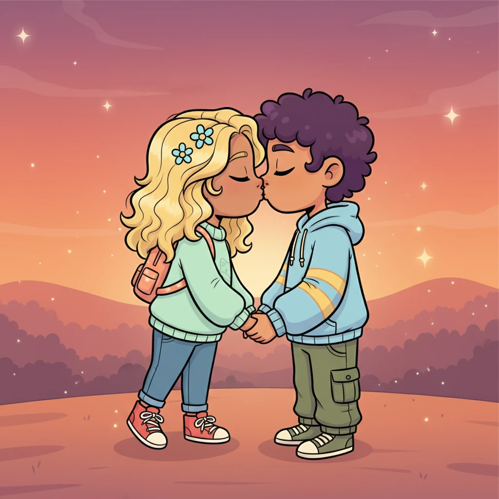 Later, under the soft glow of twilight, Adeline and Zade share a quiet, tender moment, their hands intertwined, a loving kiss exchanged. They stand close, embracing the warmth of their connection and the shared anticipation of their future as parents. The air around them shimmers with unspoken promises and deep affection.