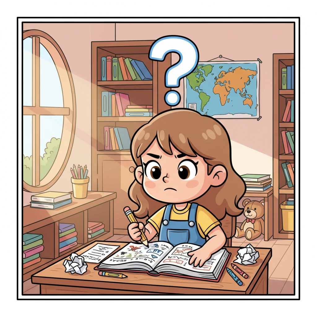 Si Sofia nagapungko sa iya lamesa, napalibutan sang naglinapta nga mga papel kag bukas nga libro sa math. Ang iya agtang nagakununot, kag may dako nga marka sang pamangkot nga nagalutaw sa ibabaw sang iya ulo. Nagauyat siya sang lapis, nagakadismaya sa linear equation nga problema nga ginaatubang niya. Ang kwarto magamo apang komportable, puno sang masanag nga mga kolor.