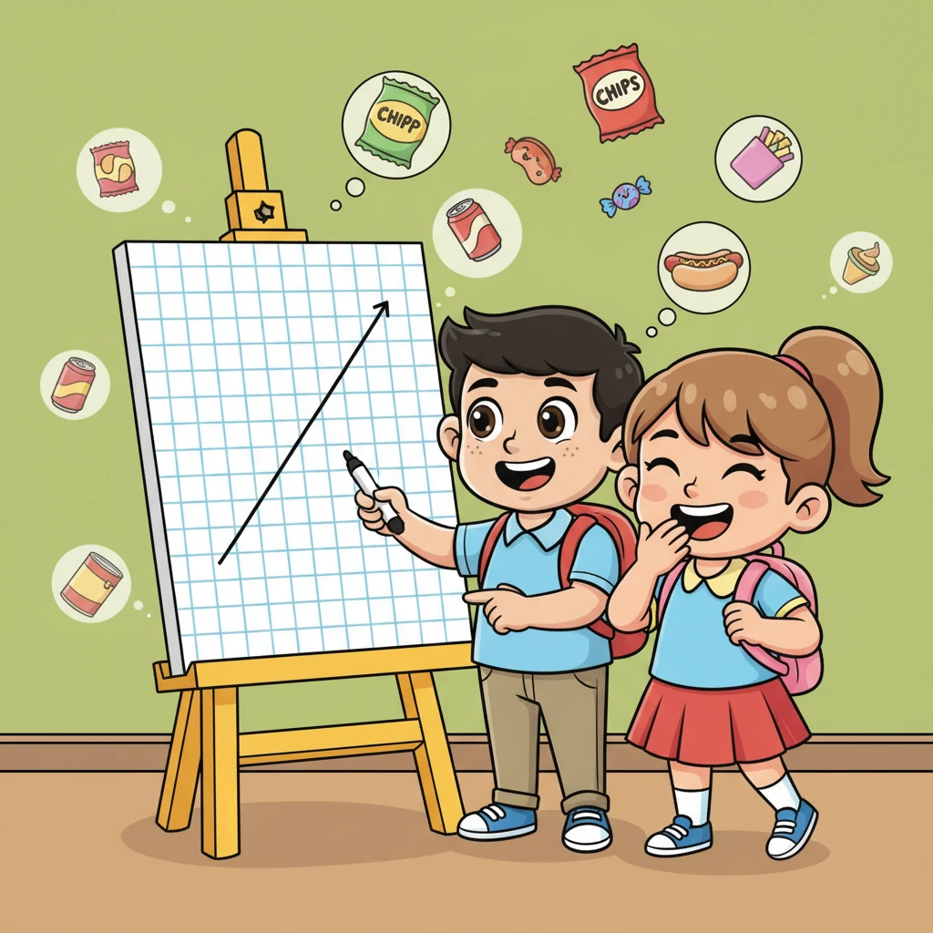 Nagdrowing si Marco sang isa ka simple nga linya sa graph paper, gin-eksplikar ang linear equations gamit ang makalilipay nga analohiya, pareho sang pagbakal sang snacks. Ginatudlo niya ang linya, dayon sa pila ka imahinasyon nga snacks, nga nagpakadlaw kay Sofia. Ang background nagapakita sang makalilipay nga mga thought bubbles nga may kendi kag ilimnon.