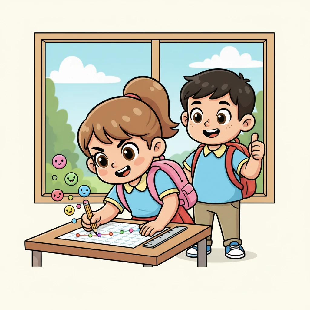 Si Sofia, nga may determinado nga ekspresyon, aktibo nga nagaplot sang mga puntos sa iya kaugalingon nga graph paper. Ginatan-aw siya ni Marco sa likod sang iya abaga, nagahatag sang makapadasig nga thumbs-up. Ang mga puntos daw mahika nga nagaguwa bilang makalilipay nga mga tulbok, nga nagahimo sang nagadako nga linya.