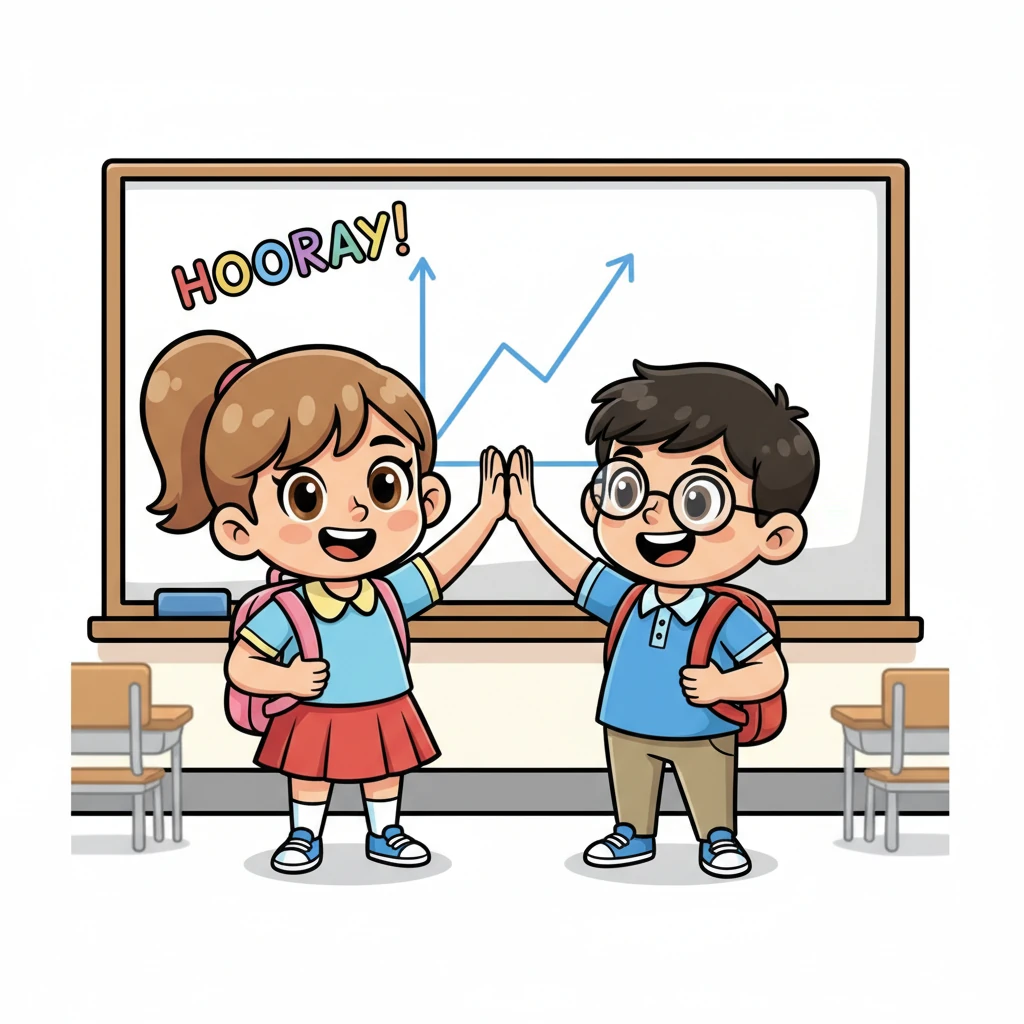 Nagahigh-five sanday Sofia kag Marco, pareho nga nagasanag sa bugal kag kagalak. Sa likod nila, ang whiteboard nagapakita na sang perpekto nga linear graph nga may nagaselebrar nga 'Hooray!' nga nasulat sa masadya nga script. Daw mga matagumpuson sila nga math heroes.