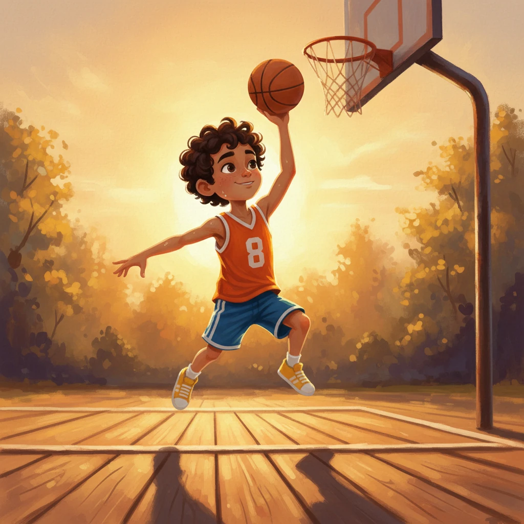 Día tras día, Nilko entrenaba con una dedicación asombrosa. Corría, saltaba y practicaba sus tiros hasta que sus músculos dolían. A menudo, el sudor le empapaba la camiseta, pero la imagen de la canasta final lo impulsaba a seguir. El sol poniente pintaba de oro la cancha mientras Nilko se superaba a sí mismo.