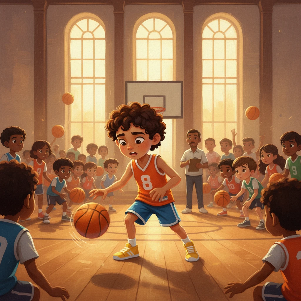 Llegó el día de las pruebas para el equipo, y Nilko sentía un nudo en el estómago. Decenas de niños mostraban sus habilidades, y la presión era palpable en el gimnasio. A pesar de los nervios, Nilko se concentró, dribló con agilidad y encestó con precisión. Dio lo mejor de sí, esperando que fuera suficiente.