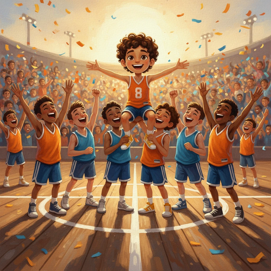 La cancha estalló en vítores, y sus compañeros corrieron a abrazar a Nilko. Todos lo felicitaban por su tiro ganador, levantándolo en hombros. Pero Nilko, con una sonrisa humilde, señaló a todo el equipo. 'No fui yo solo', dijo, 'fue gracias a todos, ¡somos campeones juntos!'