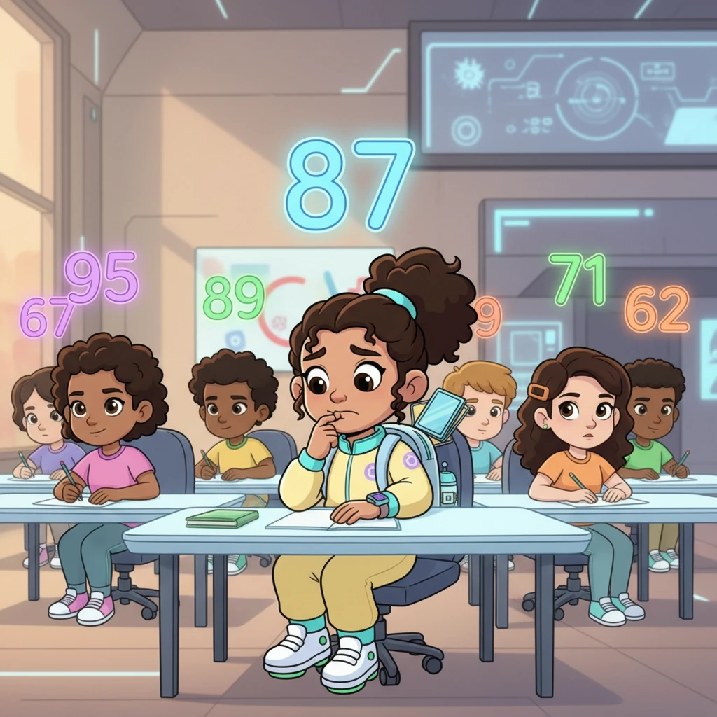 Riya sits at her desk, a soft blue '87' glowing above her head. Around her, other students have their own vibrant numbers, some higher, some lower. She bites her lip, a thoughtful but slightly worried expression on her face, wondering if her '87' is good enough today. The futuristic classroom hums with soft light and the gentle glow of holographic scores.