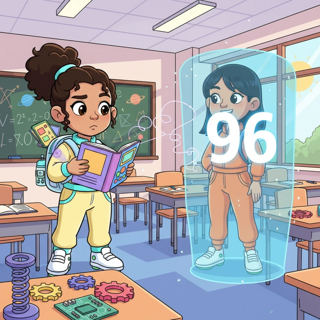 During a complex physics lesson, Riya glances at Maya, whose '96' shines brightly. A pang of envy hits Riya's heart, wishing her own number could be so high. She thinks, "Maya always seems so confident, her number just glows." The pressure of constant comparison weighs heavily on her.