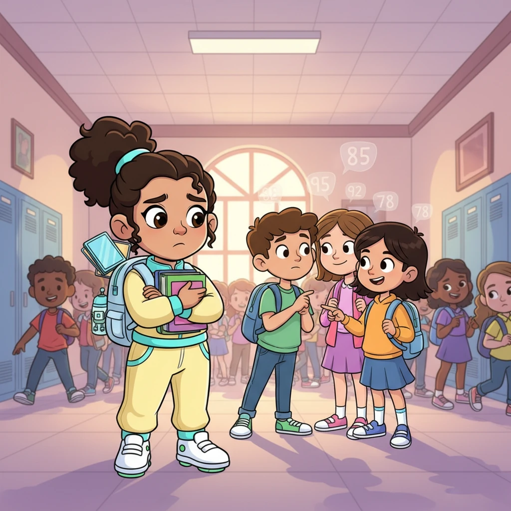 In the bustling school corridor, students move like a river, their numbers bobbing above their heads. Riya overhears a group comparing scores, their voices filled with competitive whispers. She pulls her books closer, feeling a familiar tightness in her chest, wishing for a moment when numbers didn't define everyone.