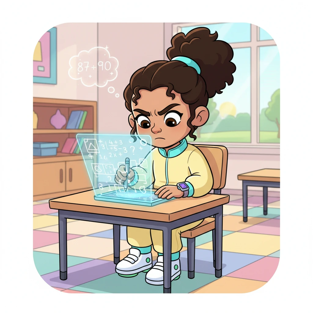 Back in class, Riya struggles with a challenging math problem on her holographic tablet. She works diligently, her brow furrowed in concentration. Even as she finally solves it, a tiny voice in her head whispers, "Is it enough? Will my '87' ever be a '90'?" The effort feels endless.