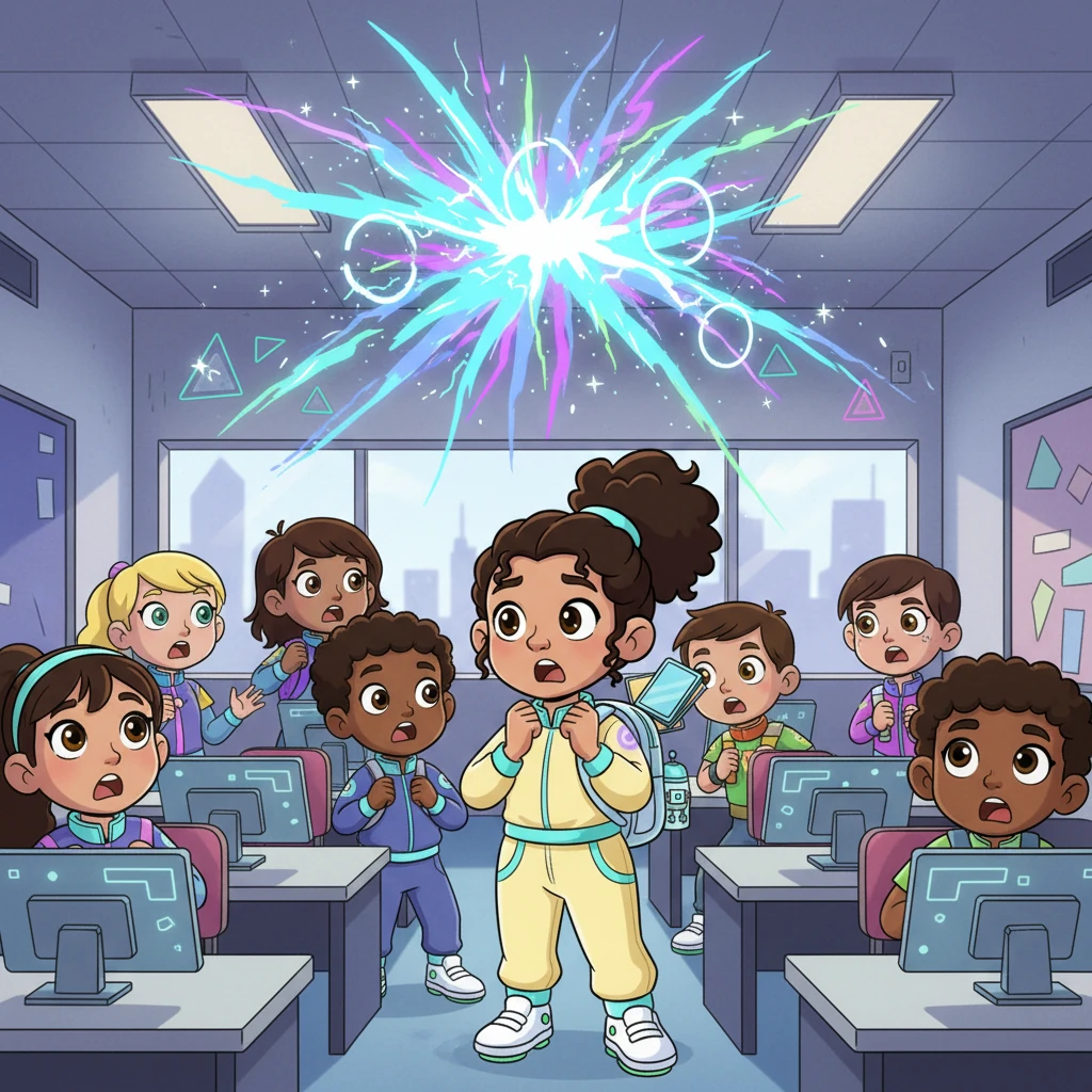 Suddenly, a strange flicker ripples through the classroom. The glowing numbers above everyone's heads glitch and waver, turning into chaotic streaks of light. A collective gasp fills the room as the numbers vanish completely, leaving only empty space where scores once floated. Students look at each other, wide-eyed and bewildered.