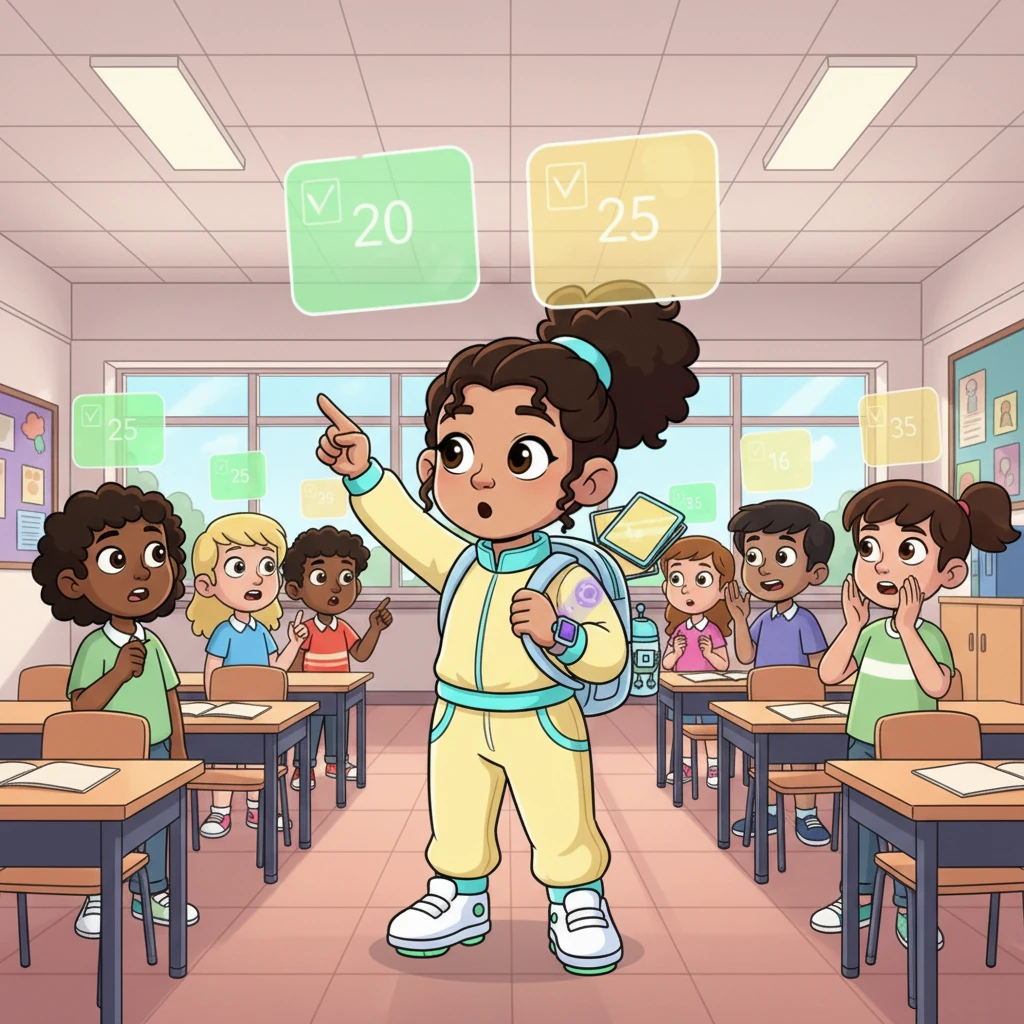 For a moment, silence hangs heavy, then the holographic numbers burst back into existence, but they are different! Above each student, two new, colorful scores now float: a cheerful green 'Kindness Points' and a shimmering yellow 'Effort Score'. Confusion quickly turns to excited murmurs as everyone tries to understand.