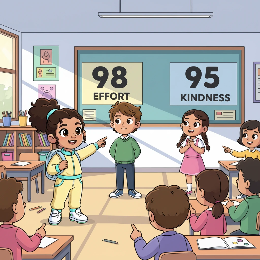 Riya watches as Rohan, whose old score was always average, now has a huge '98' for Effort. Across the room, little Anya, known for her sweet nature, beams under a '95' for Kindness. Students begin pointing, not with judgment, but with genuine admiration for these new, unexpected achievements.