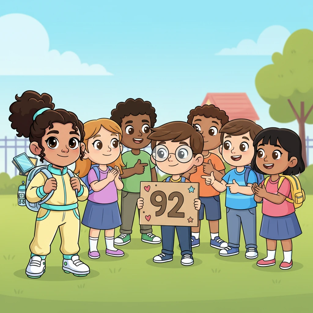 Riya sees Arjun, usually quiet and overlooked, now surrounded by classmates admiring his '92' Kindness Points. She remembers how Arjun always helped others with their lost pencils or shared his snacks. A warm feeling spreads through Riya as she realizes these "invisible" qualities were important all along.