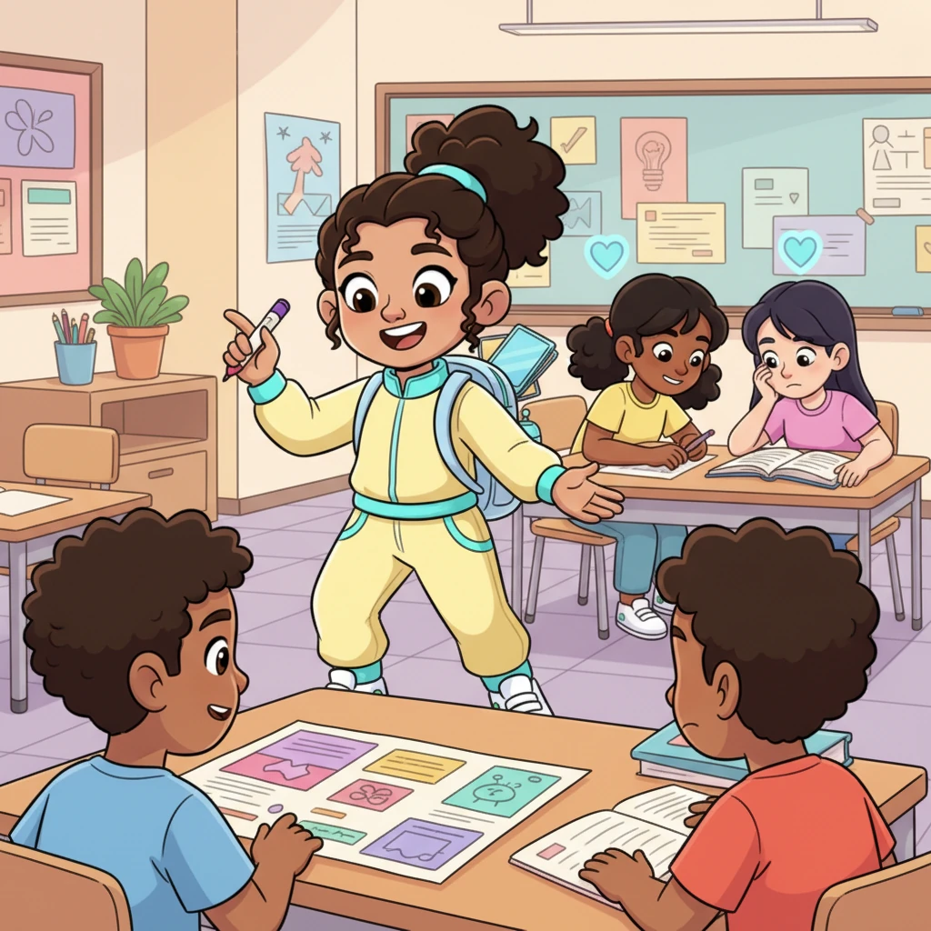 The next day, the classroom feels different. Instead of competing, students are helping each other. Riya sees Maya patiently explaining a concept to a struggling classmate, earning a little boost in her Kindness score. Riya herself offers to help organize a group project, feeling a surge of genuine joy.