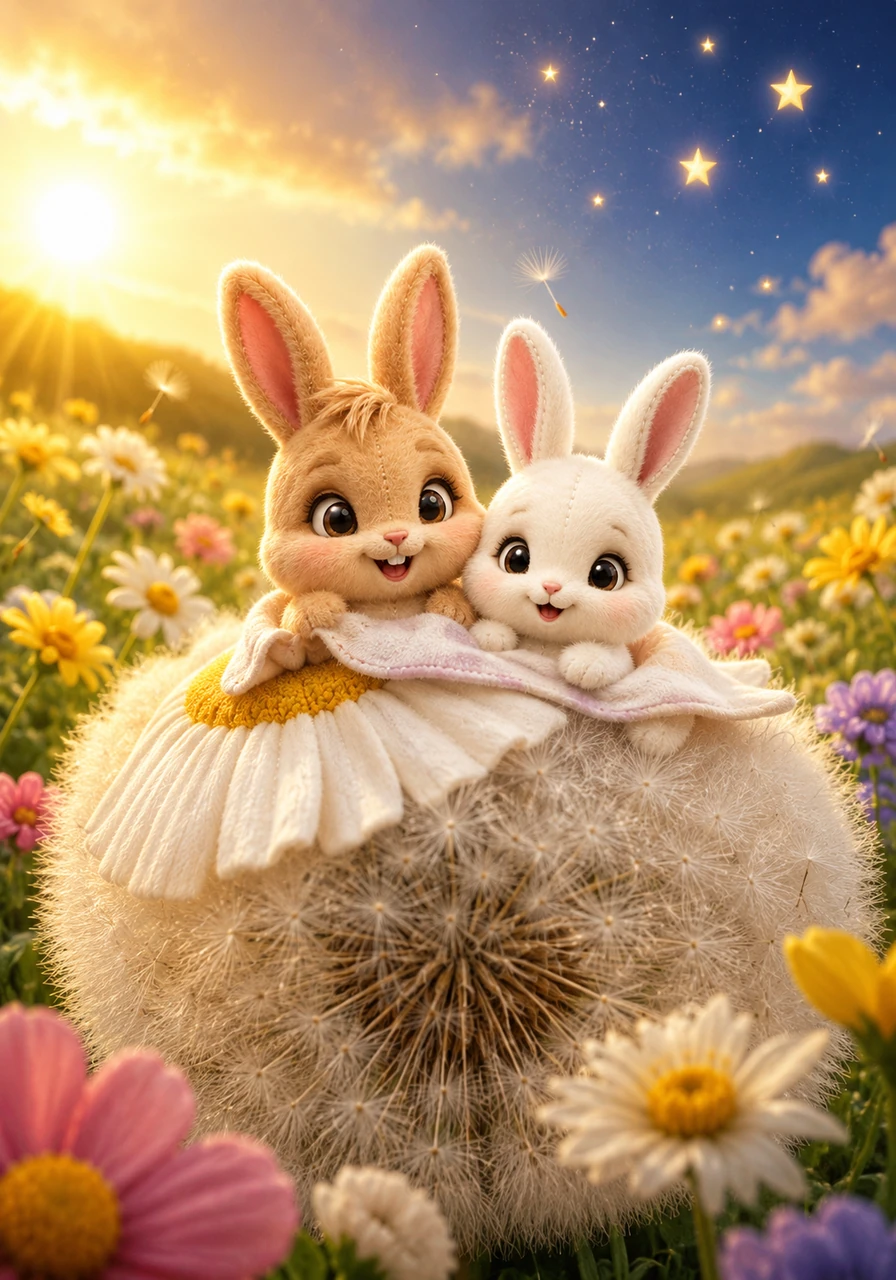 Long ago, in a sun-drenched meadow where colorful flowers nodded hello and bright stars whispered goodnight, two tiny bunny sisters arrived. Named Eva and Ema, they were so small that a single daisy petal served as their blanket and a soft dandelion puff looked like a giant, fluffy cloud. Despite their miniature size, these two little bunnies carried two very big hearts full of wonder.