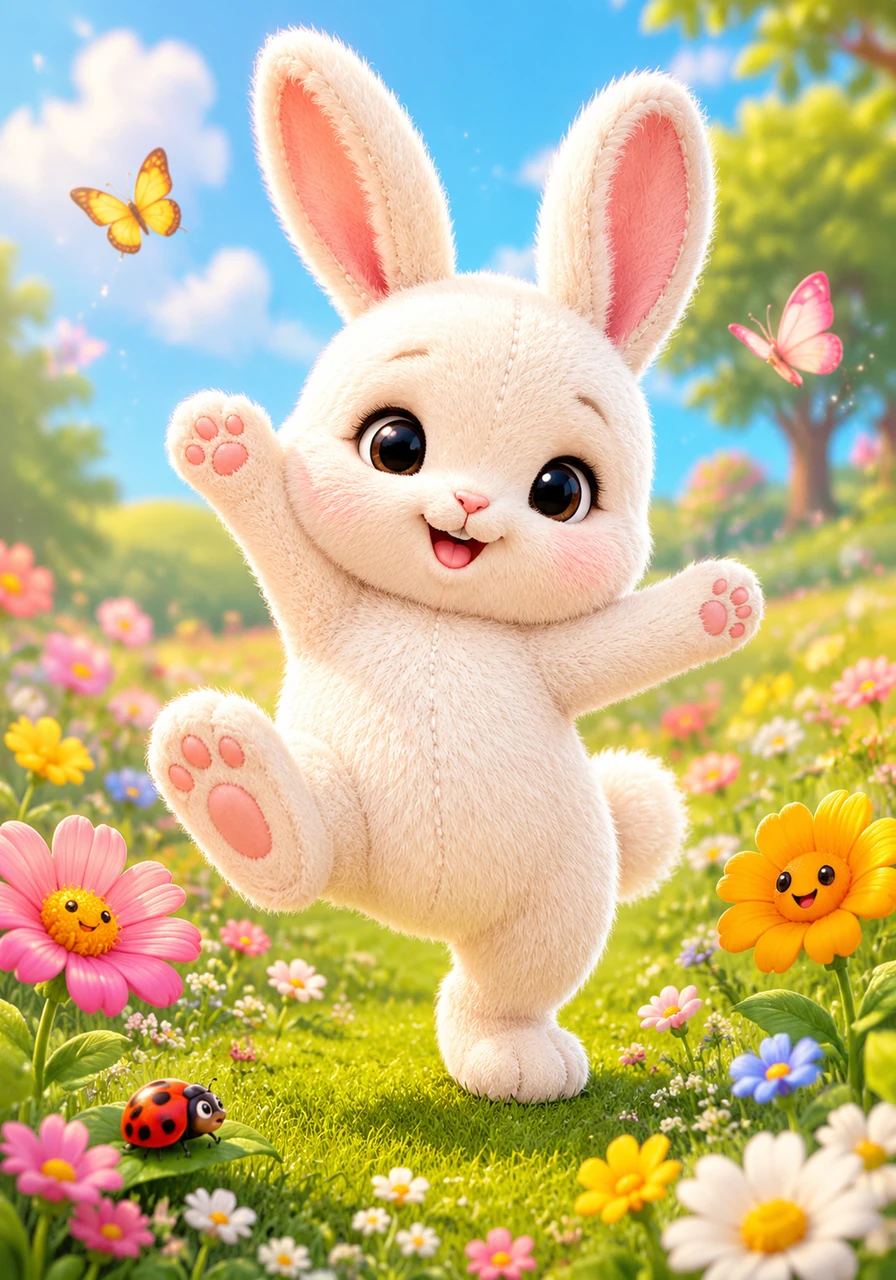 Eva Bunny was a bundle of endless energy, always full of wiggles, kicks, and joyful stretches as she searched for the comfiest spot in the grass. If there was an empty space anywhere in the meadow, Eva would playfully find a way to take up all of it. Watching her spirited antics, the local flowers fondly named her The Little Explorer.