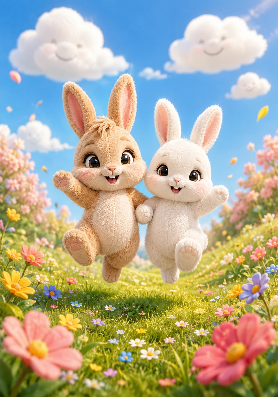 As the golden days passed, the sweet sisters grew a little stronger today and a little stronger tomorrow, taking life one tiny hop at a time. The entire meadow cheered for them, the blossoms unfurled in applause, and even the drifting clouds seemed to smile down upon the brave little bunnies. Every morning brought a bigger stretch, a brighter smile, and a more confident leap into the world.