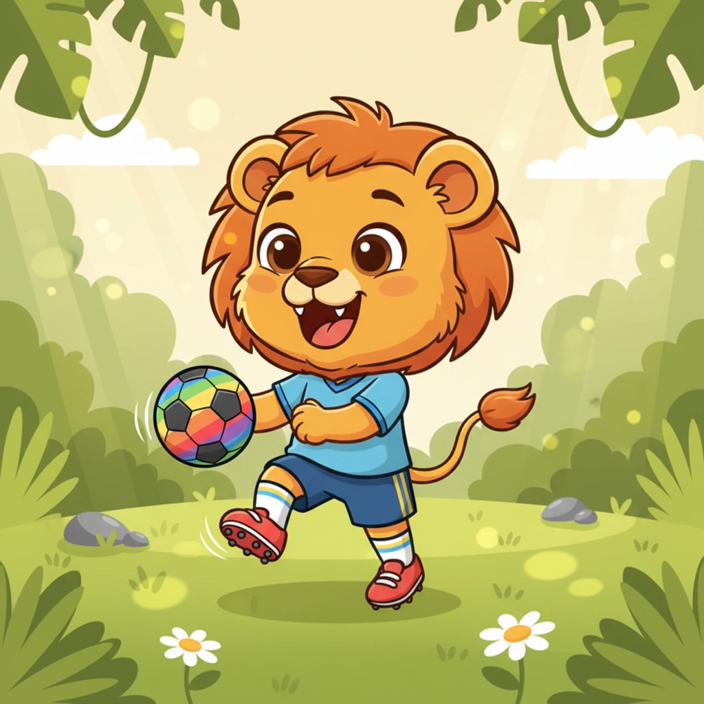 Leo, a tiny lion cub with a huge grin, bounced a colorful striped ball with his paws, his tail wagging furiously. He dreamed of scoring the winning goal in the big jungle soccer tournament, practicing every day in a sun-dappled clearing.