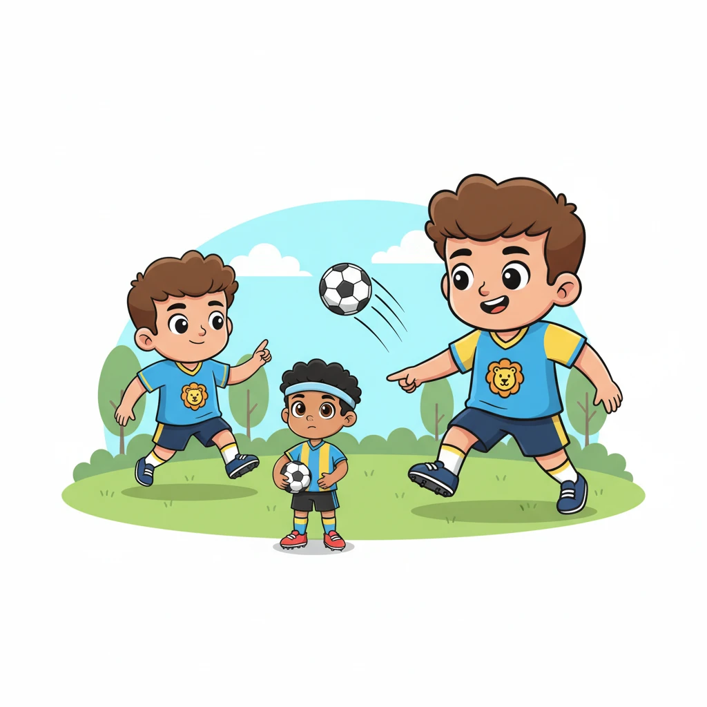 He watched the older, bigger cubs play, their powerful kicks sending the ball soaring. When Leo timidly asked to join, they kindly said he was a bit too small right now, encouraging him to keep practicing.