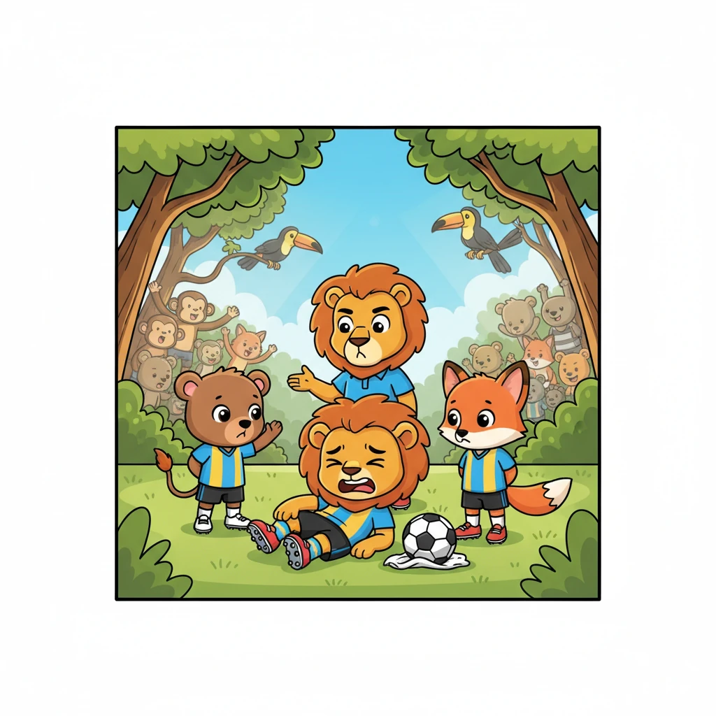 One sunny afternoon, during the big annual jungle soccer match, a key player from the older cubs' team accidentally stumbled, hurting their paw. The crowd gasped, and the team looked worried.