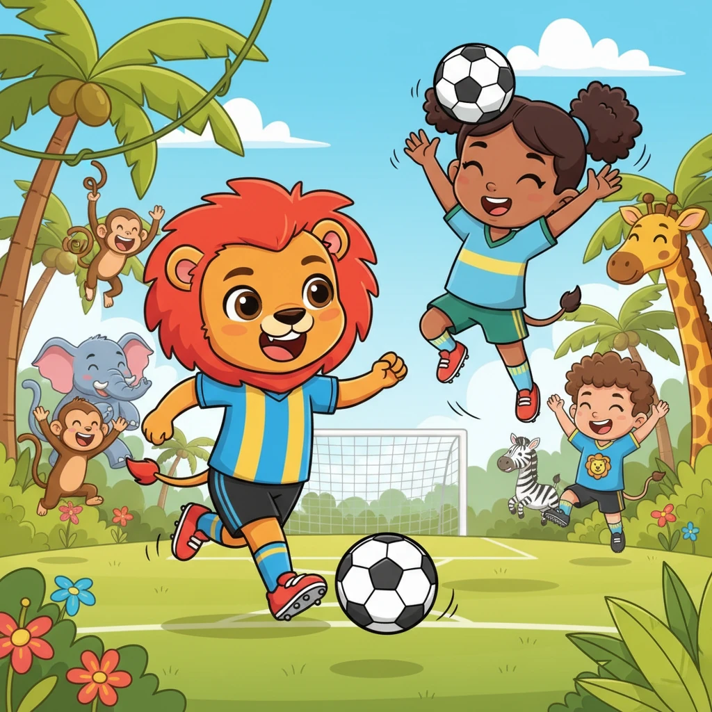 Leo, with newfound courage, sprinted onto the field. He used his incredible dribbling skills, made a perfect pass to his teammate, and together they scored the winning goal! The jungle erupted in cheers for the littlest lion with the biggest heart.