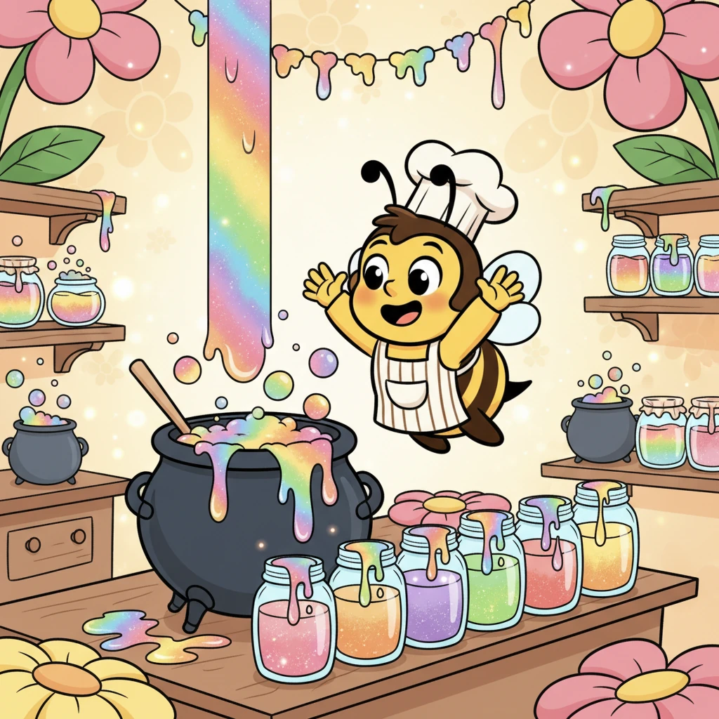 Barnaby Bumble, a tiny but enthusiastic bee, loved making honey. Not just any honey, but swirly, sparkly, rainbow-colored honey! He poured his heart into each jar, dreaming of sharing his sweet creations with the world. His little buzzing workshop, filled with bubbling pots and colorful drizzles, was his happy place.