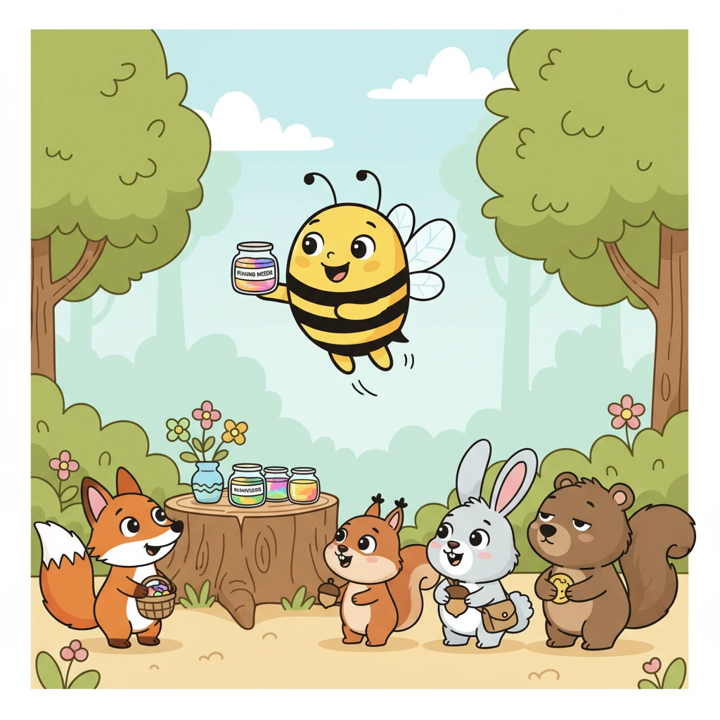 Soon, everyone wanted Barnaby's honey! Animals from all corners of the forest lined up for his delightful treats. Barnaby beamed, his tiny wings almost bursting with pride as he handed out jars of his famous Rainbow Nectar. He was the busiest bee in the land, a true sensation.
